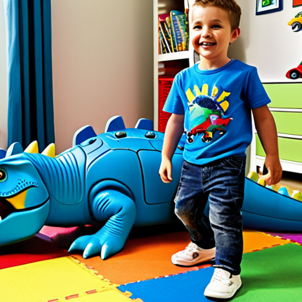 고고다이노 다이노 마스터 컬렉션 - ** A child, around 6 years old, fully clothed in jeans and a colorful t-shirt, happily playing with ...