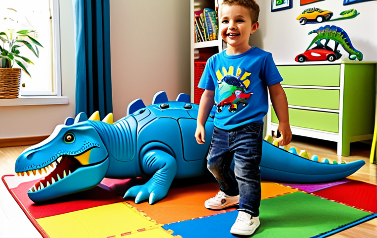 고고다이노 다이노 마스터 컬렉션 - ** A child, around 6 years old, fully clothed in jeans and a colorful t-shirt, happily playing with ...