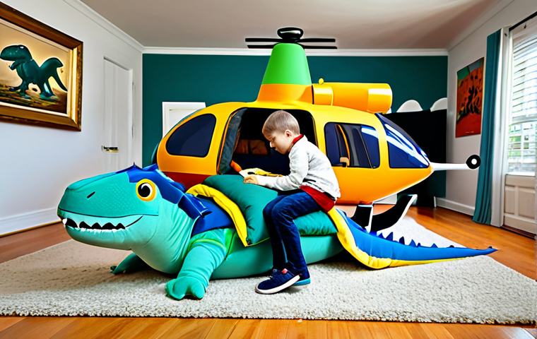 고고다이노 다이노 마스터 컬렉션 - ** A child, around 6 years old, fully clothed in jeans and a colorful t-shirt, happily playing with ...