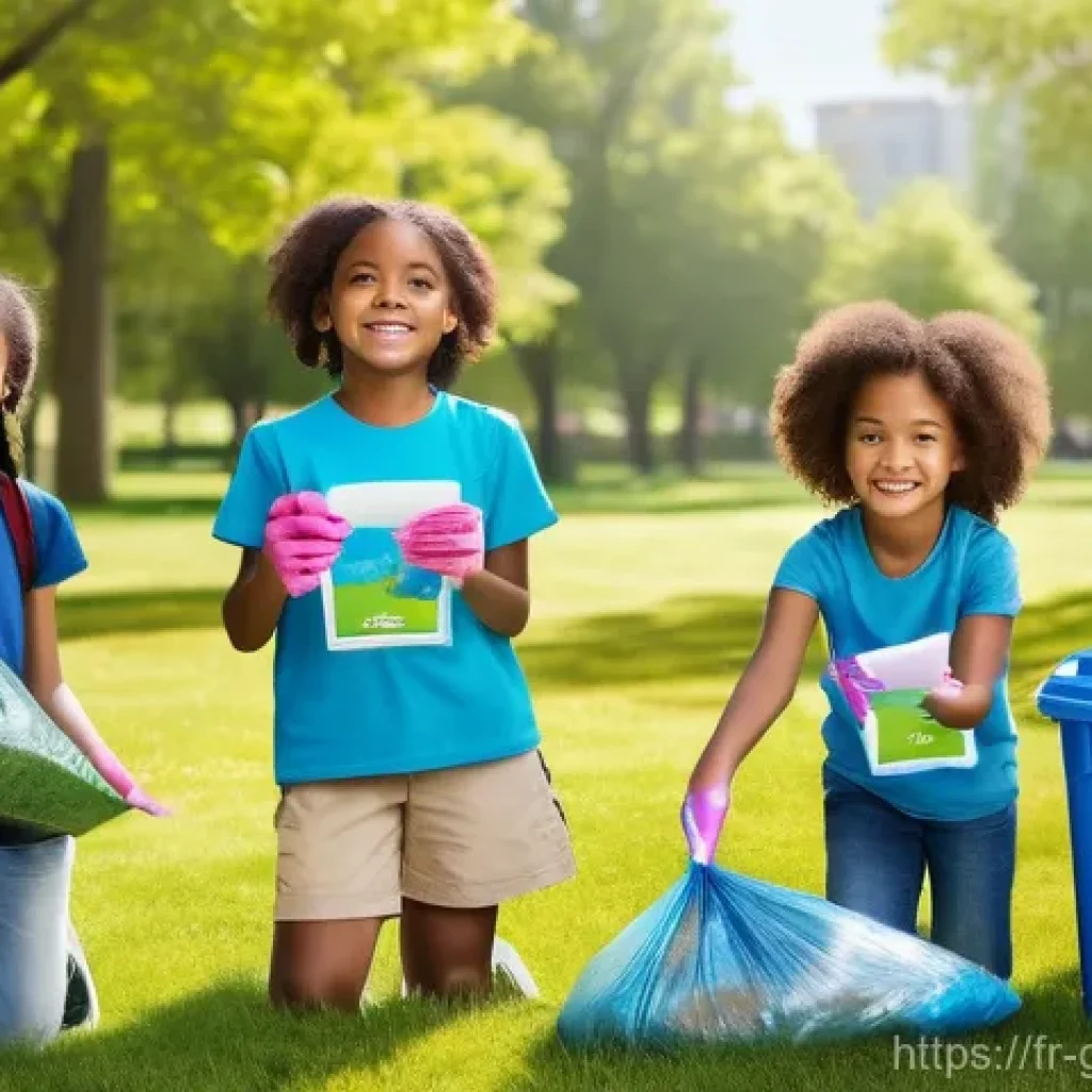 고고다이노와 친환경 메시지 - **Prompt:** A vibrant and cheerful outdoor scene featuring a diverse group of 6-8 children, aged 6-1...