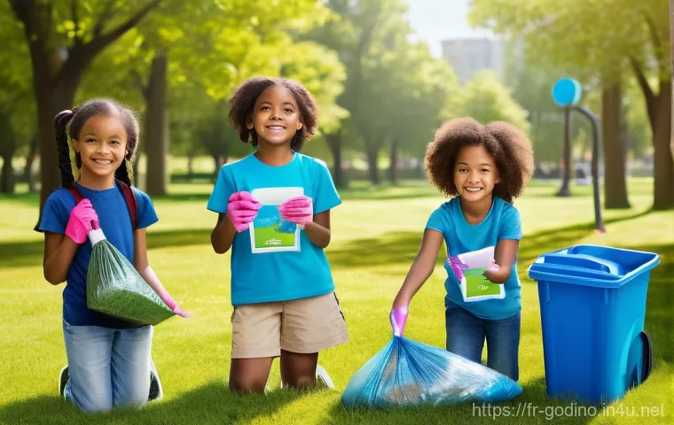 고고다이노와 친환경 메시지 - **Prompt:** A vibrant and cheerful outdoor scene featuring a diverse group of 6-8 children, aged 6-1...