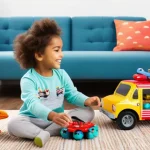 고고다이노 관련 완구 제품군 - **Prompt:** "A vibrant, cheerful scene depicting two young children, a boy around 5 years old and a ...