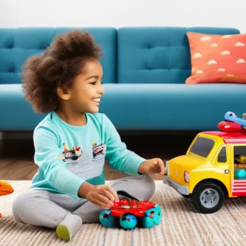 고고다이노 관련 완구 제품군 - **Prompt:** "A vibrant, cheerful scene depicting two young children, a boy around 5 years old and a ...