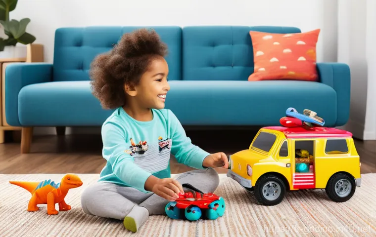 고고다이노 관련 완구 제품군 - **Prompt:** "A vibrant, cheerful scene depicting two young children, a boy around 5 years old and a ...