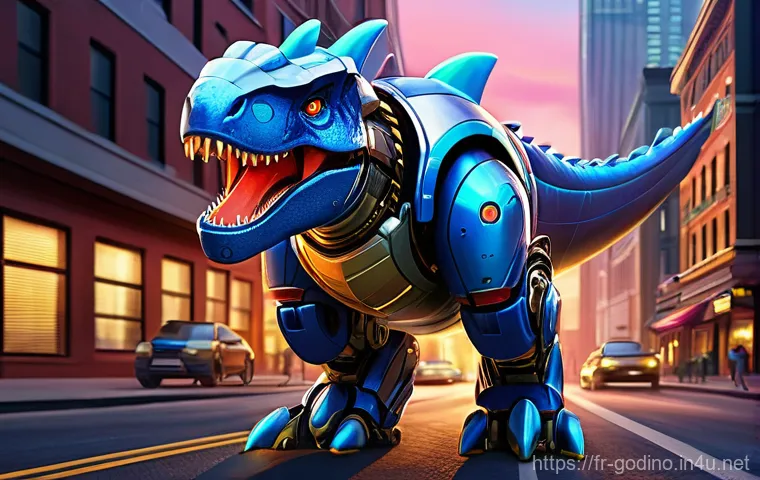 고고다이노의 키 비주얼 제작 과정 - **Prompt 1: Dynamic Heroic Gogo Dino Transformation**
    "A Gogo Dino character, a vibrant robotic ...