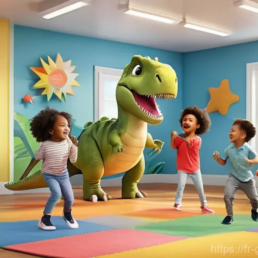 고고다이노 테마곡 작곡과 제작 과정 - A group of diverse children, aged 4-8, are enthusiastically dancing and singing along to the GoGo Di...