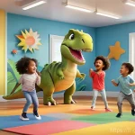 고고다이노 테마곡 작곡과 제작 과정 - A group of diverse children, aged 4-8, are enthusiastically dancing and singing along to the GoGo Di...