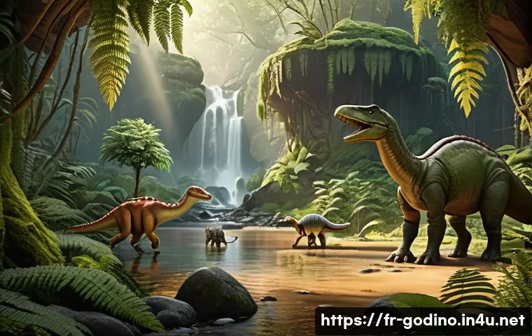 고고다이노 영어판 이름과 차이점 - A warm and contemplative prehistoric forest scene inspired by the French localization style: lush gr...