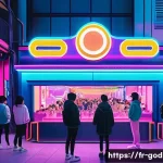 Home 21 고고다이노 한국과 일본 반응 비교 - A vibrant digital art scene depicting a young South Korean audience immersed in a futuristic pop-up ...