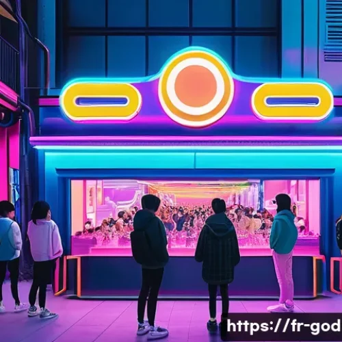 Home 33 고고다이노 한국과 일본 반응 비교 - A vibrant digital art scene depicting a young South Korean audience immersed in a futuristic pop-up ...