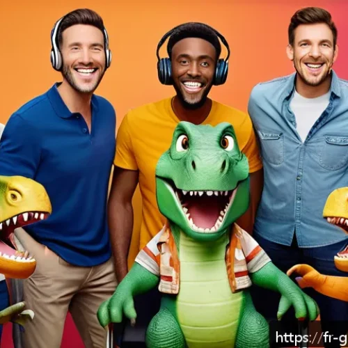Home 32 고고다이노 성우와 캐릭터 매칭 - A vibrant recording studio scene showing a diverse group of professional voice actors, including men...
