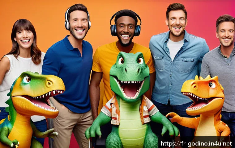 고고다이노 성우와 캐릭터 매칭 - A vibrant recording studio scene showing a diverse group of professional voice actors, including men...