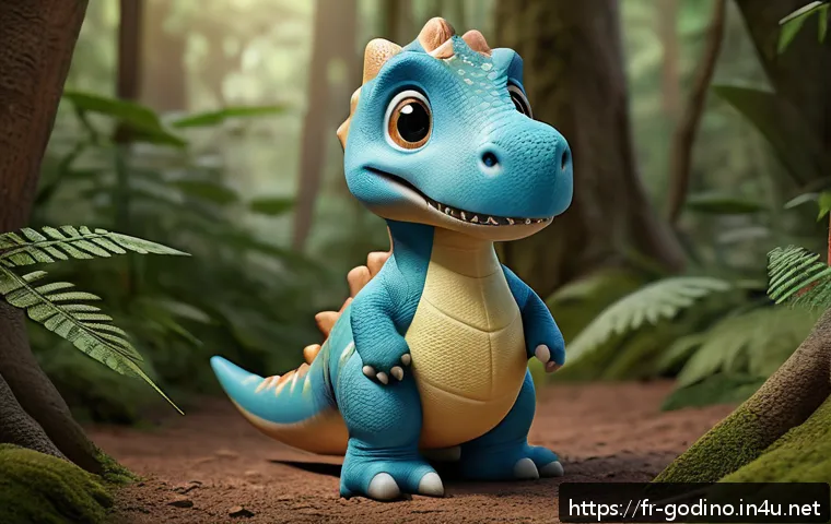 고고다이노 캐릭터 성향과 역할 - A charming animated dinosaur named Gogodino, depicted as a small, curious, and shy character with so...