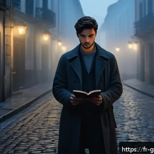 Home 30 고고다이노 스토리 구성 분석 - A complex protagonist standing at the edge of a foggy, dimly lit alley in a European city at dusk, w...
