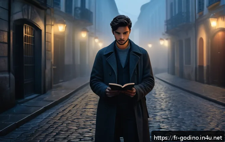 고고다이노 스토리 구성 분석 - A complex protagonist standing at the edge of a foggy, dimly lit alley in a European city at dusk, w...