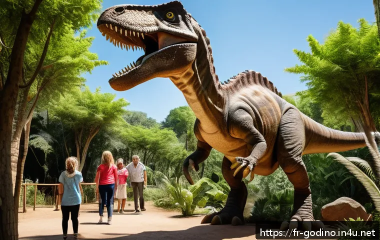 고고다이노 테마파크 방문기 - A highly detailed, life-sized animatronic dinosaur exhibit set in a lush prehistoric forest environm...
