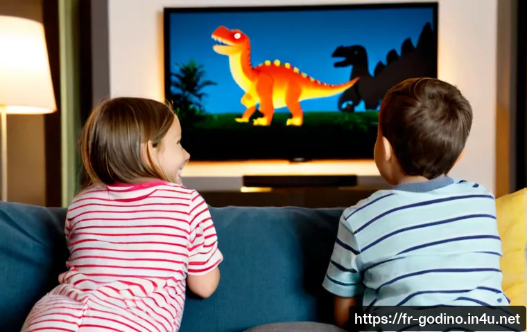 고고다이노와 다른 공룡 애니메이션 차별점 - Photorealistic family living room in France, a cheerful young child wearing casual pajamas and sitti...