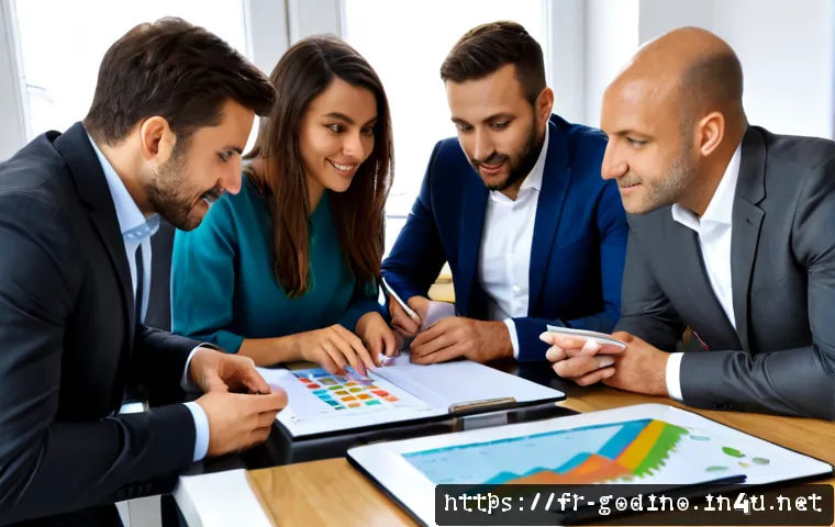 고고다이노 마케팅 전략과 성과 분석 - Photorealistic marketing strategy meeting in a bright Paris creative agency, diverse French team rev...